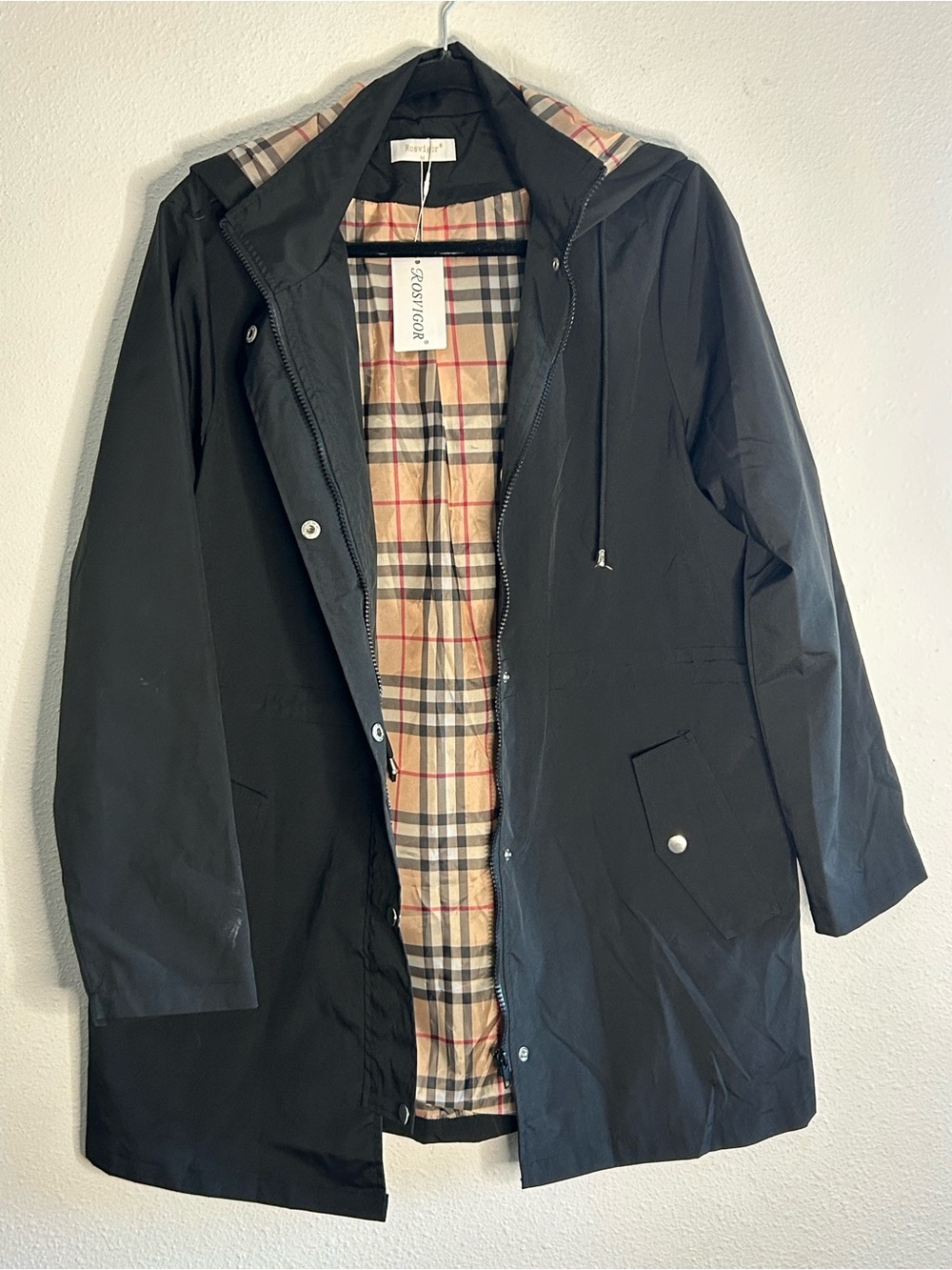 Rosvigor Black Hooded Trench Coat with Plaid Lining
